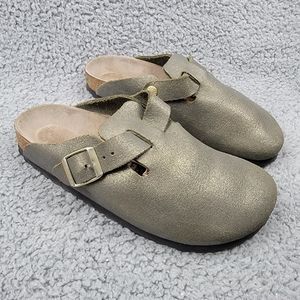 Birkenstock Womens Boston Green Metallic Gold Buckle Slip On Mule Clog Shoes 6.